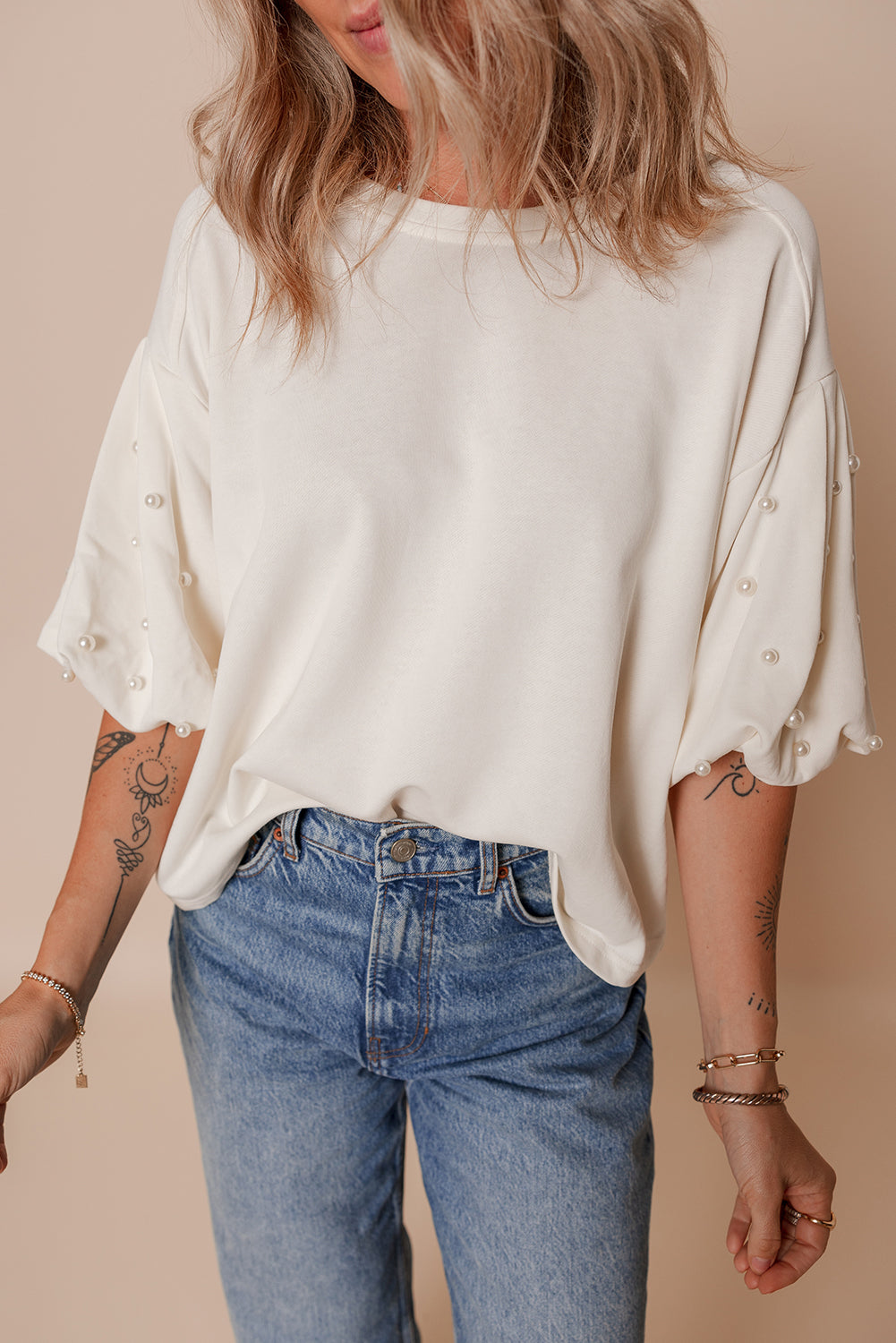 Pearl Puff Sleeve Round Neck Top