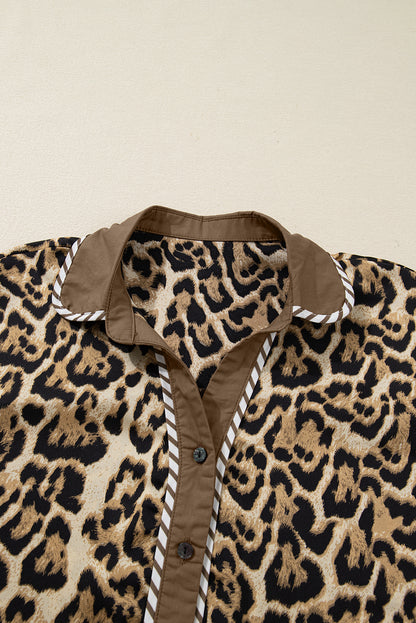 Leopard Collared 3/4 Sleeve Shirt and Pants Set
