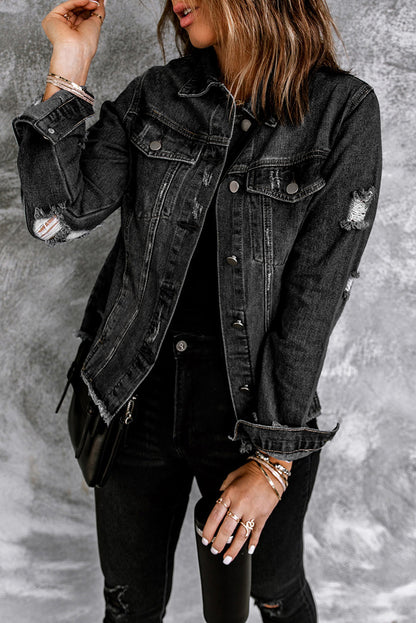 Denim Distressed Raw Hem Jacket