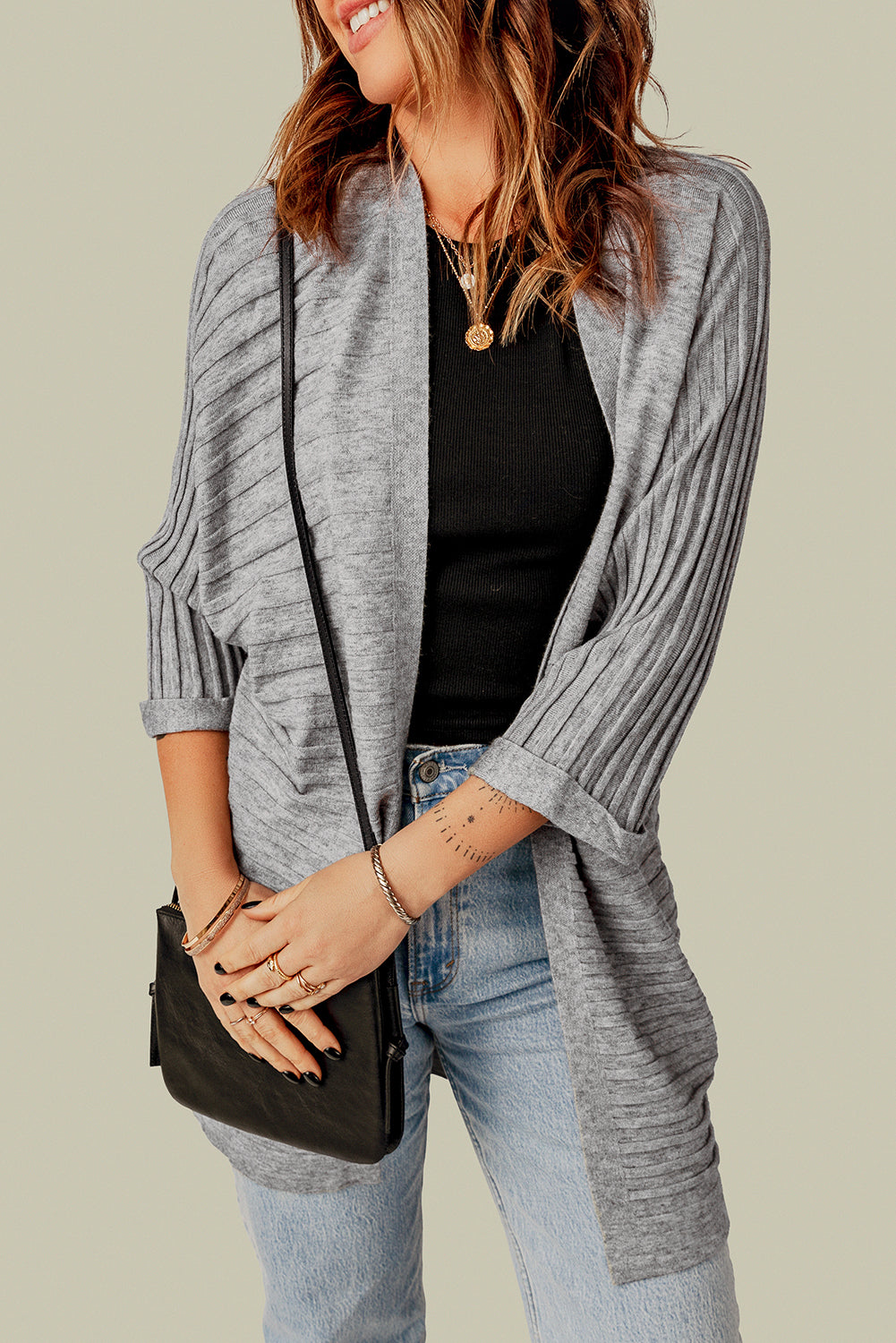 Ribbed 3/4 Sleeve Open Front Cardigan