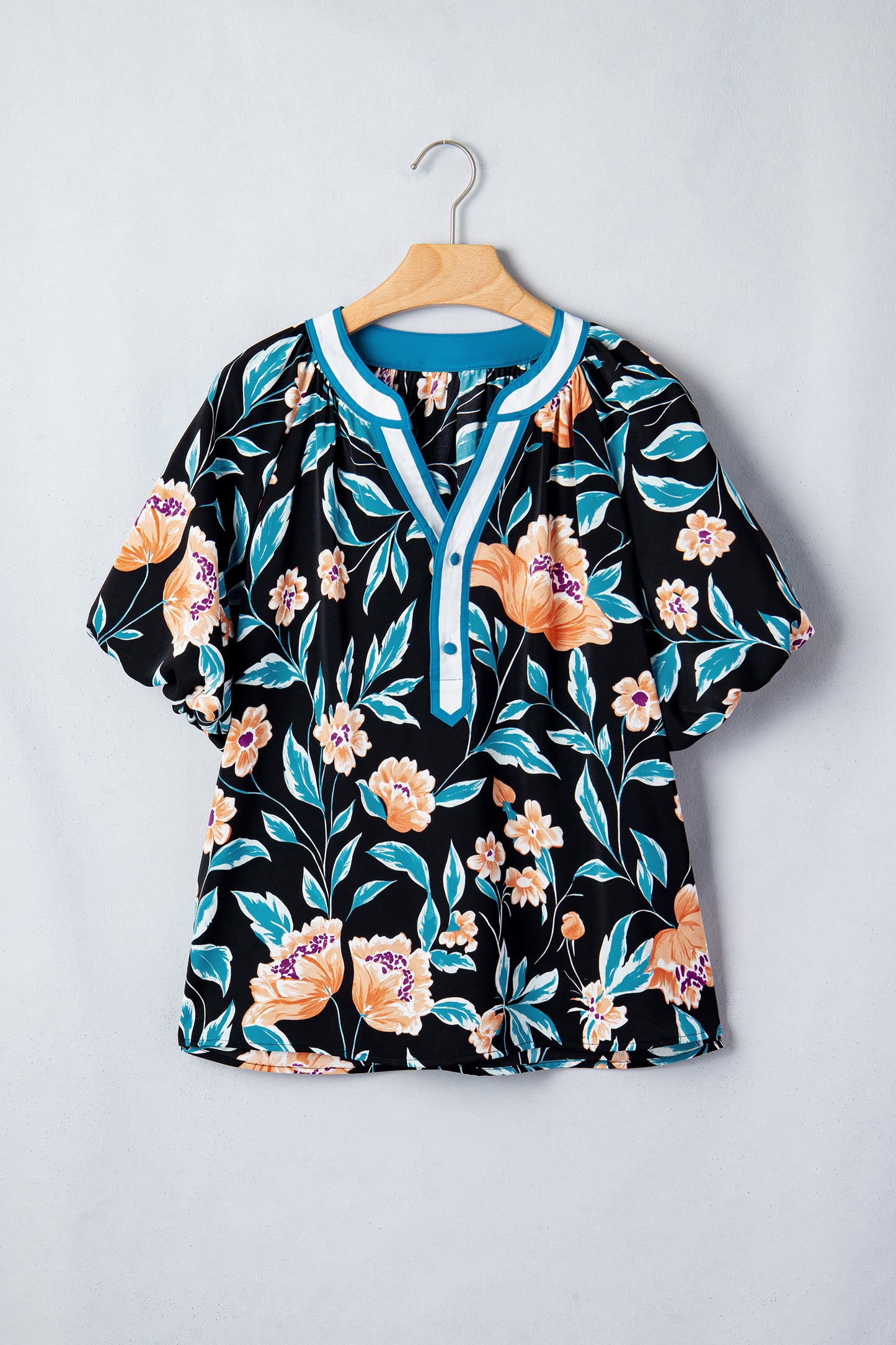 Floral Bubble Sleeve Buttoned Notch Neck Blouse