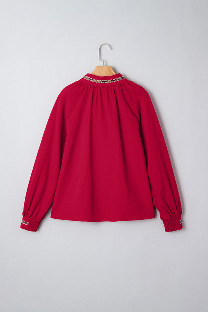 Leopard Contrast Trim V-Neck Long Sleeve Blouse