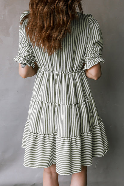 Stripe Tassel Tie-Neck Ruffle Tiered Dress
