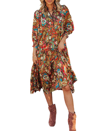 Paisley 3/4 Sleeve Collared Midi Dress