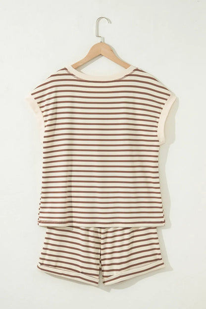 Plus Size Stripe Top & Elastic Waist Shorts Set
