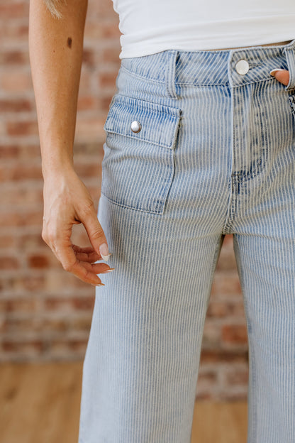 Stripe Denim Button Flap Pocket Cuffed Hem Jeans