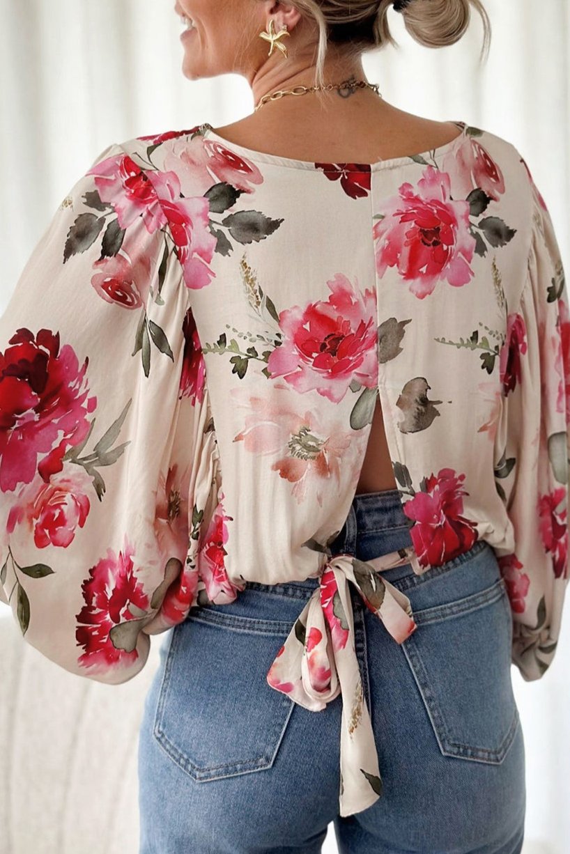 Floral 3/4 Sleeve Lace-up Blouse