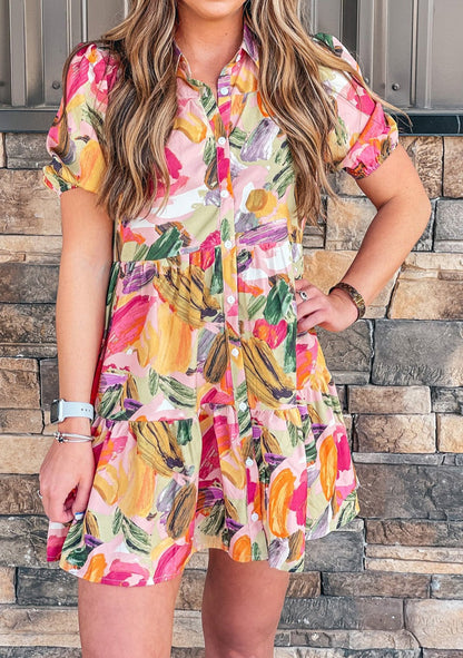 Multicolor Floral Short Sleeve Shirt Dress