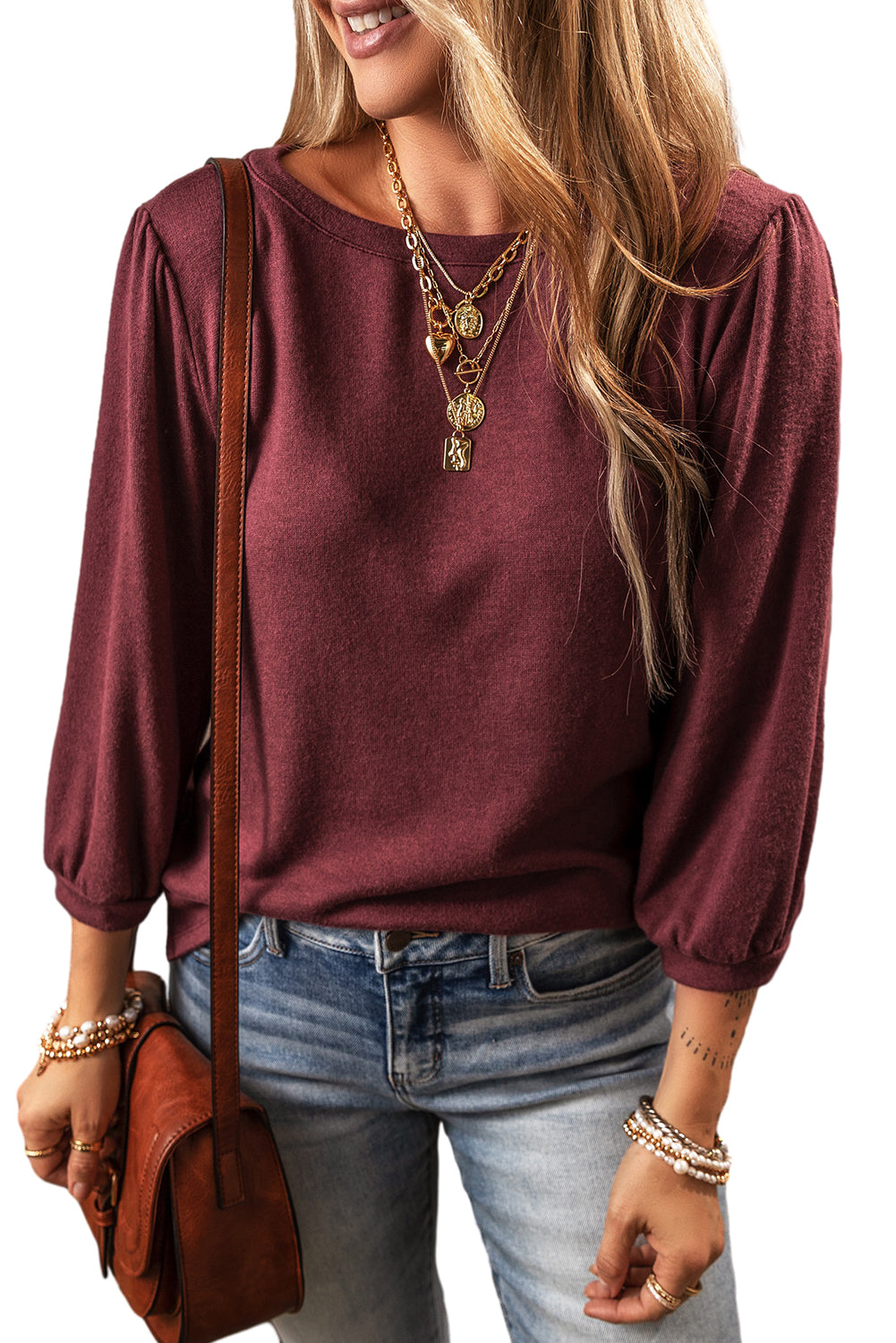 3/4 Puff Sleeve Round Neck Top