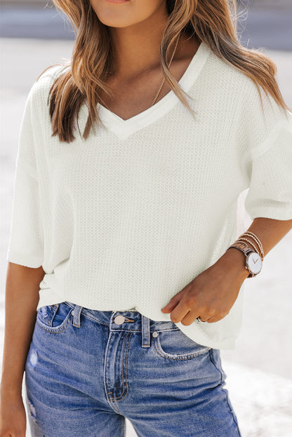 Waffle Drop Shoulder V-Neck Top