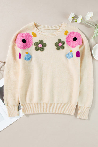 Floral Ribbed Trim Crewneck Sweater