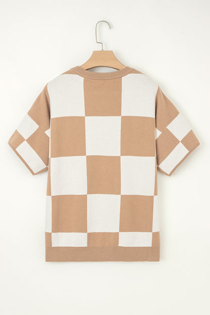 Checker Short Sleeve Drop Shoulder Sweater