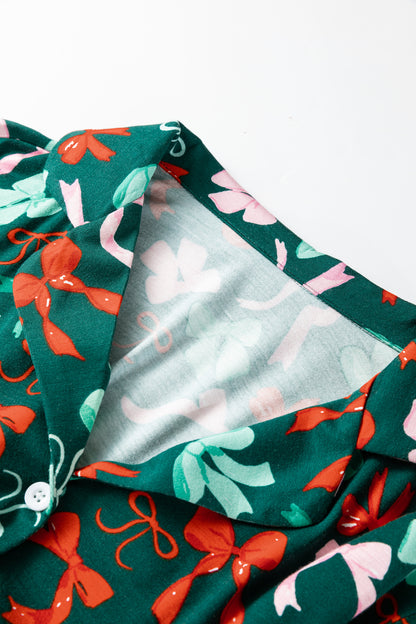 Bow Button-Up Top and Pants Pajama Set