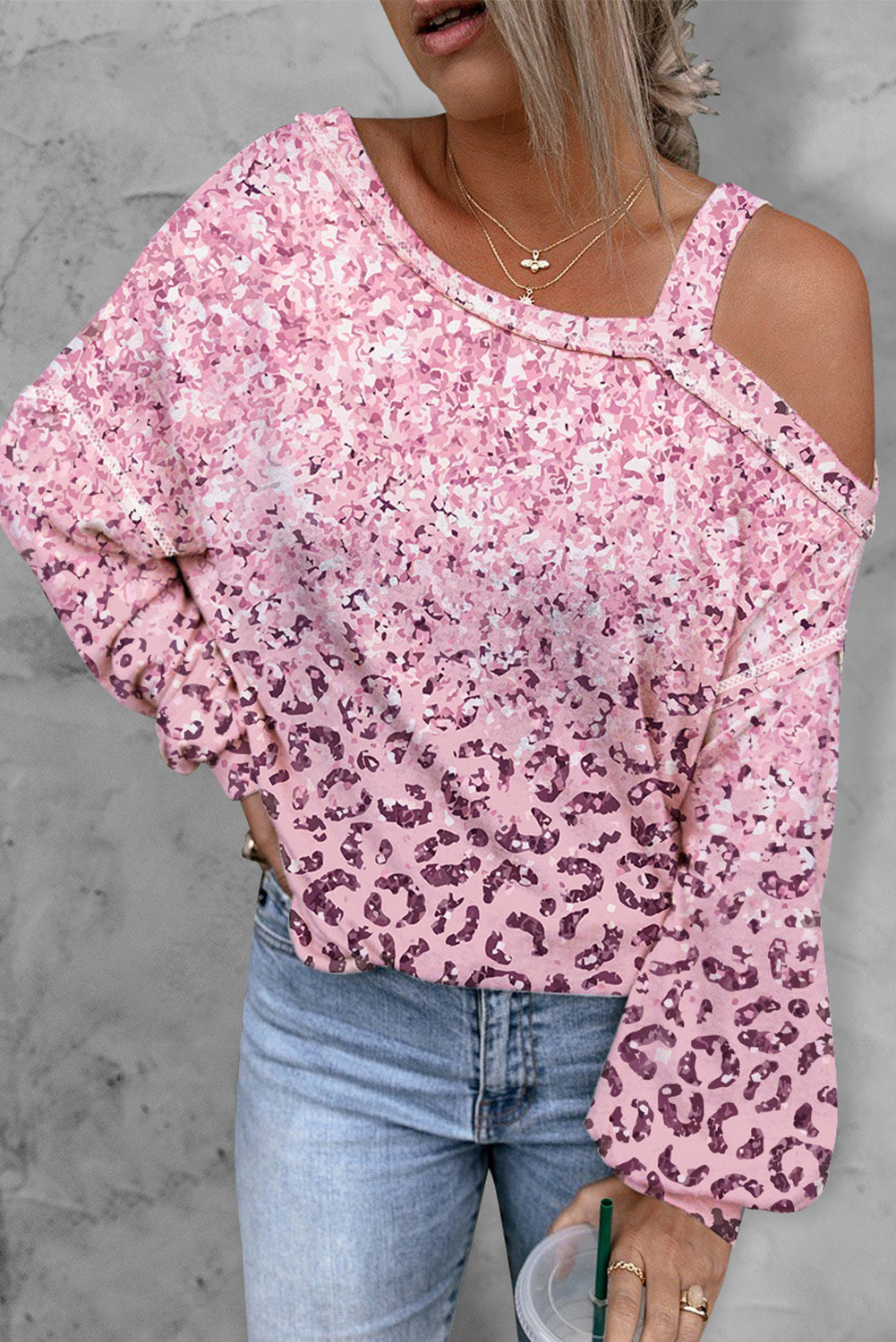 Leopard Gradient Cold Shoulder Blouse