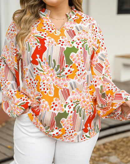 Abstract Floral Frilled V-Neck Blouse Plus Size