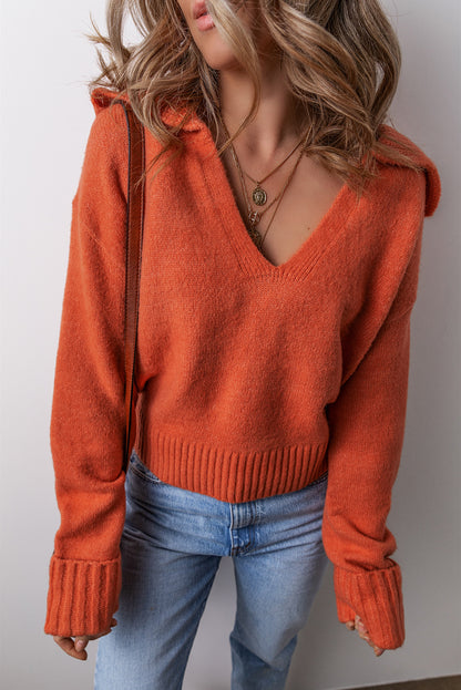 Solid Collared V-Neck Ribbed Edge Sweater