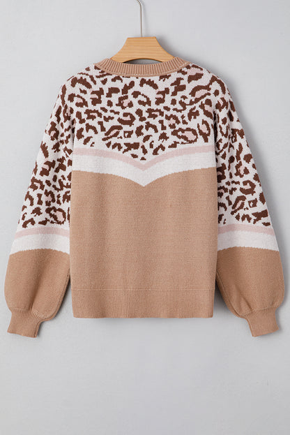 Leopard Colorblock Puff Sleeve Sweater