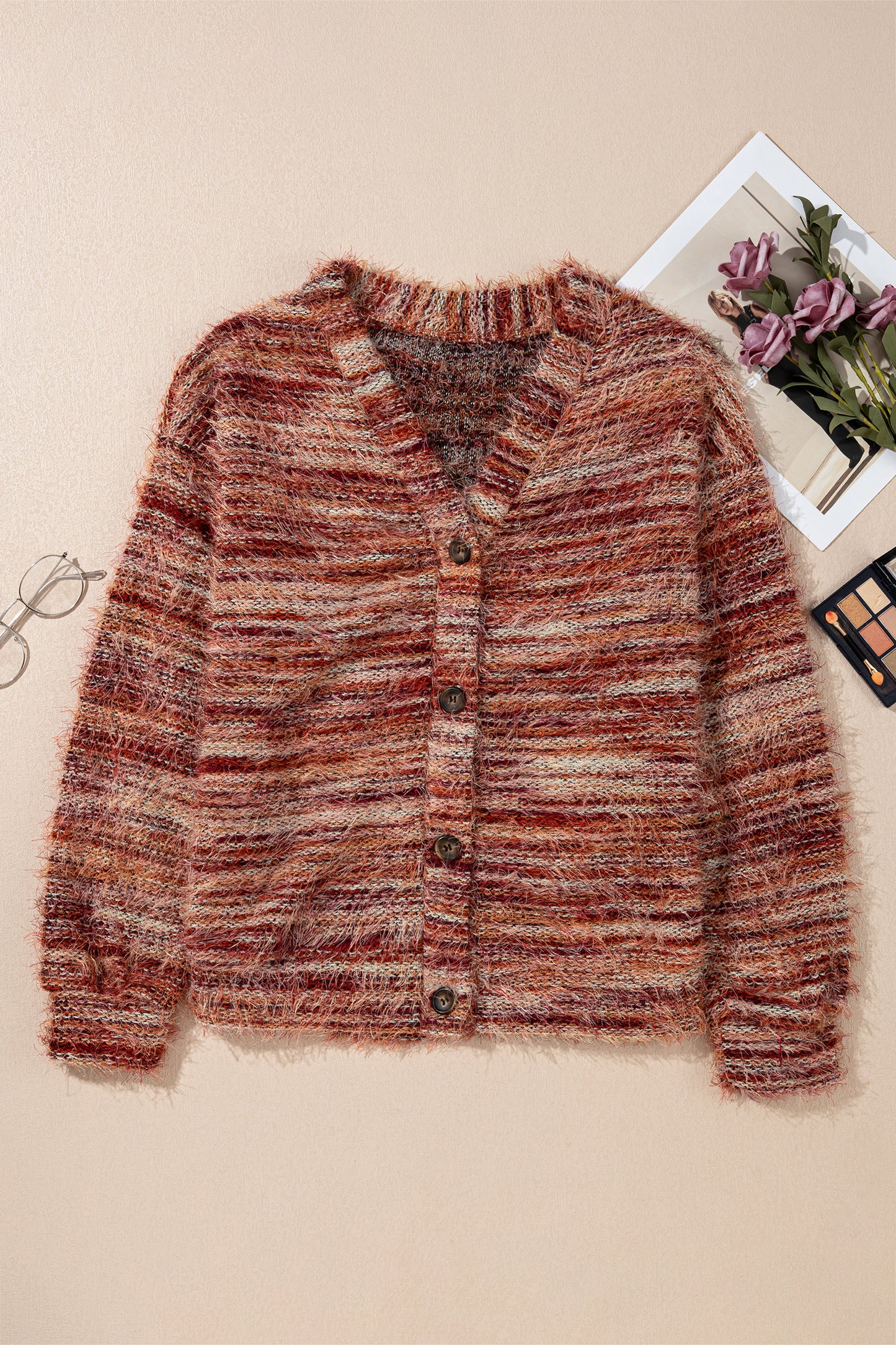 Stripe Fuzzy Button Front Cardigan Sweater
