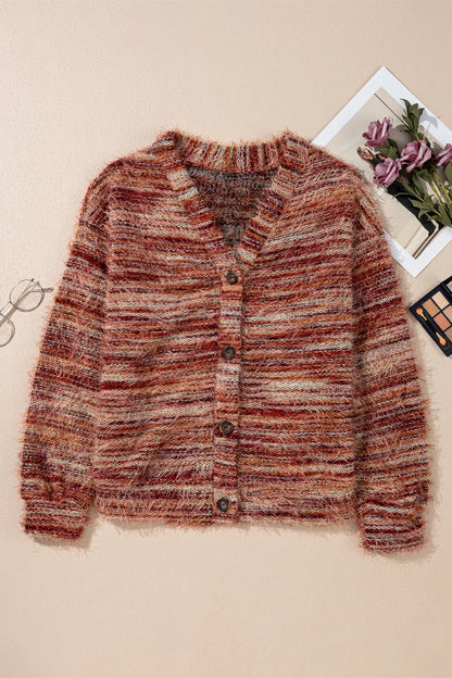 Stripe Fuzzy Button Front Cardigan Sweater