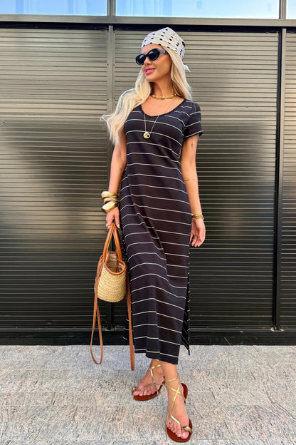 Stripe Short Sleeve Side Slit Maxi Dress