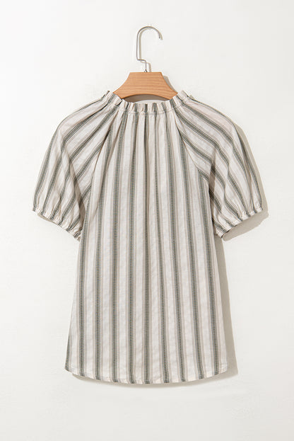 Stripe Frilled Tie-Neck Short Sleeve Blouse