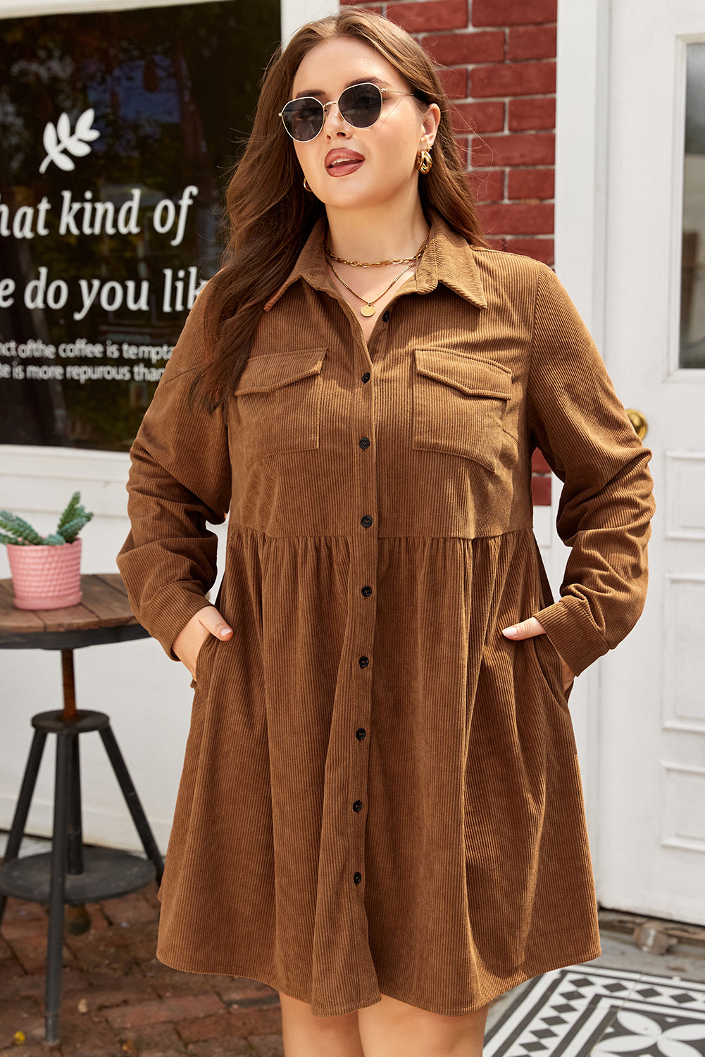 Plus Size Corduroy Button-Up Collared Shirt Dress