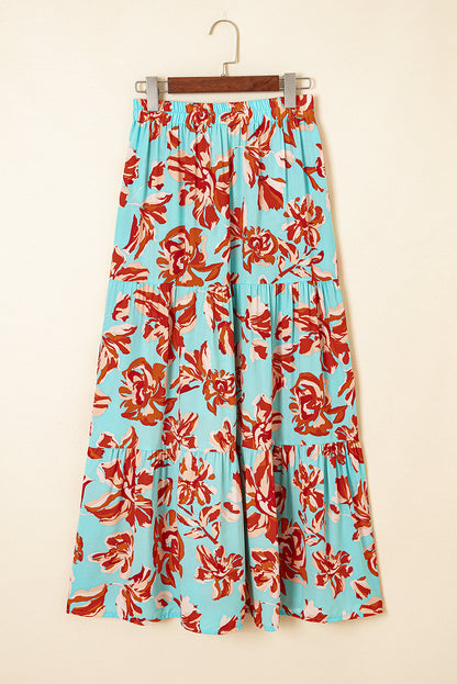 Boho Floral Side Slit Tiered Maxi Skirt
