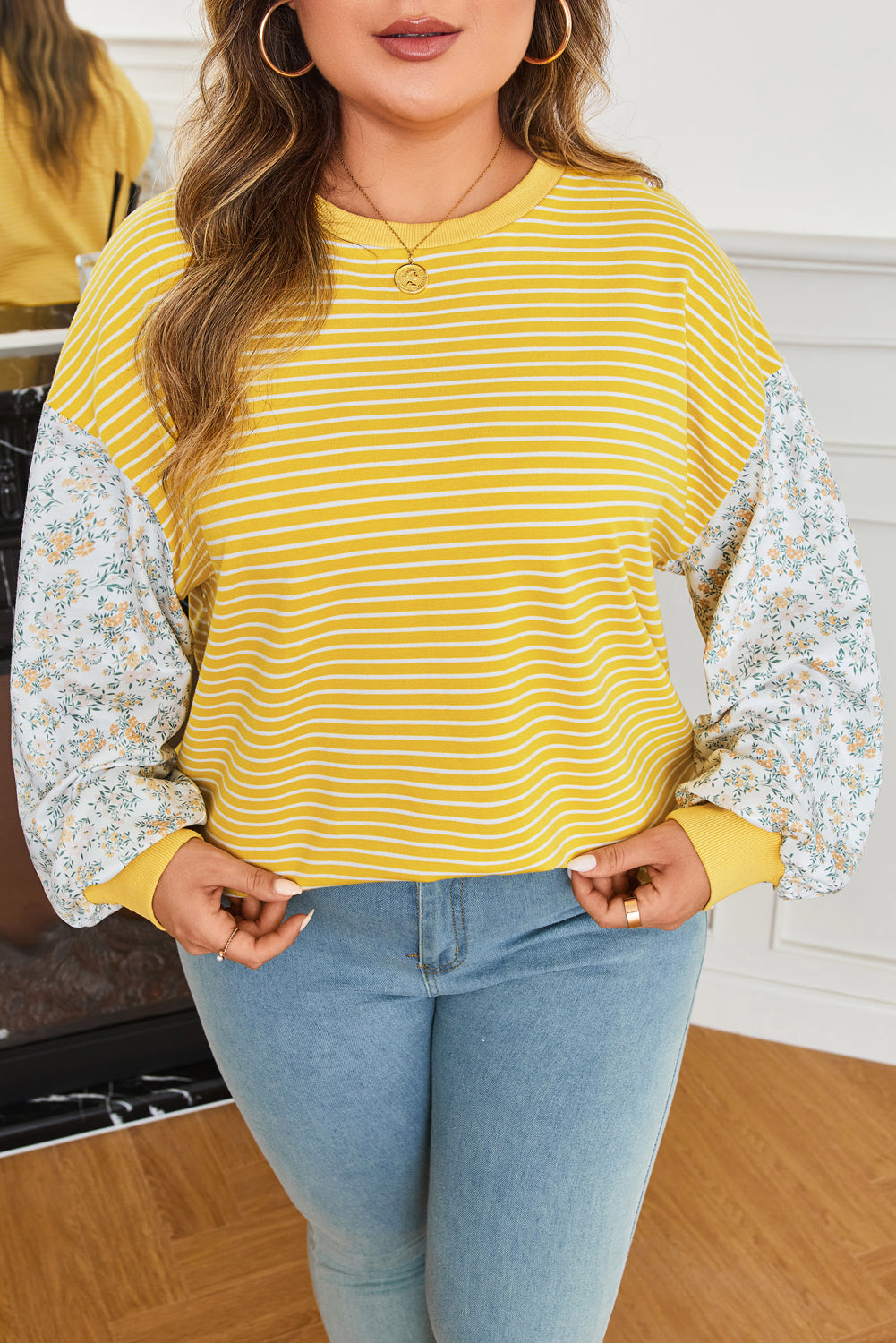 Plus Size Stripe Floral Patchwork Long Sleeve Top