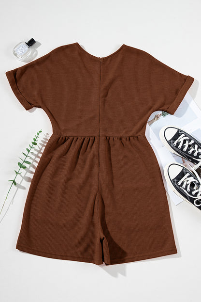 Solid Textured Knit V-Neck Zip Up Romper