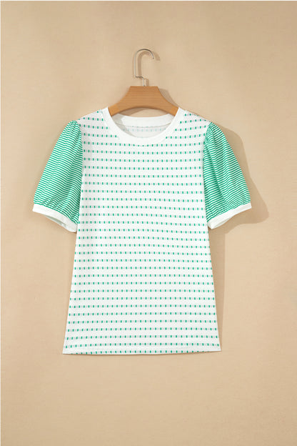 Stripe Patchwork Short Puff Sleeve Top