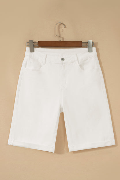 Solid Denim Rolled Cuffs Bermuda Shorts