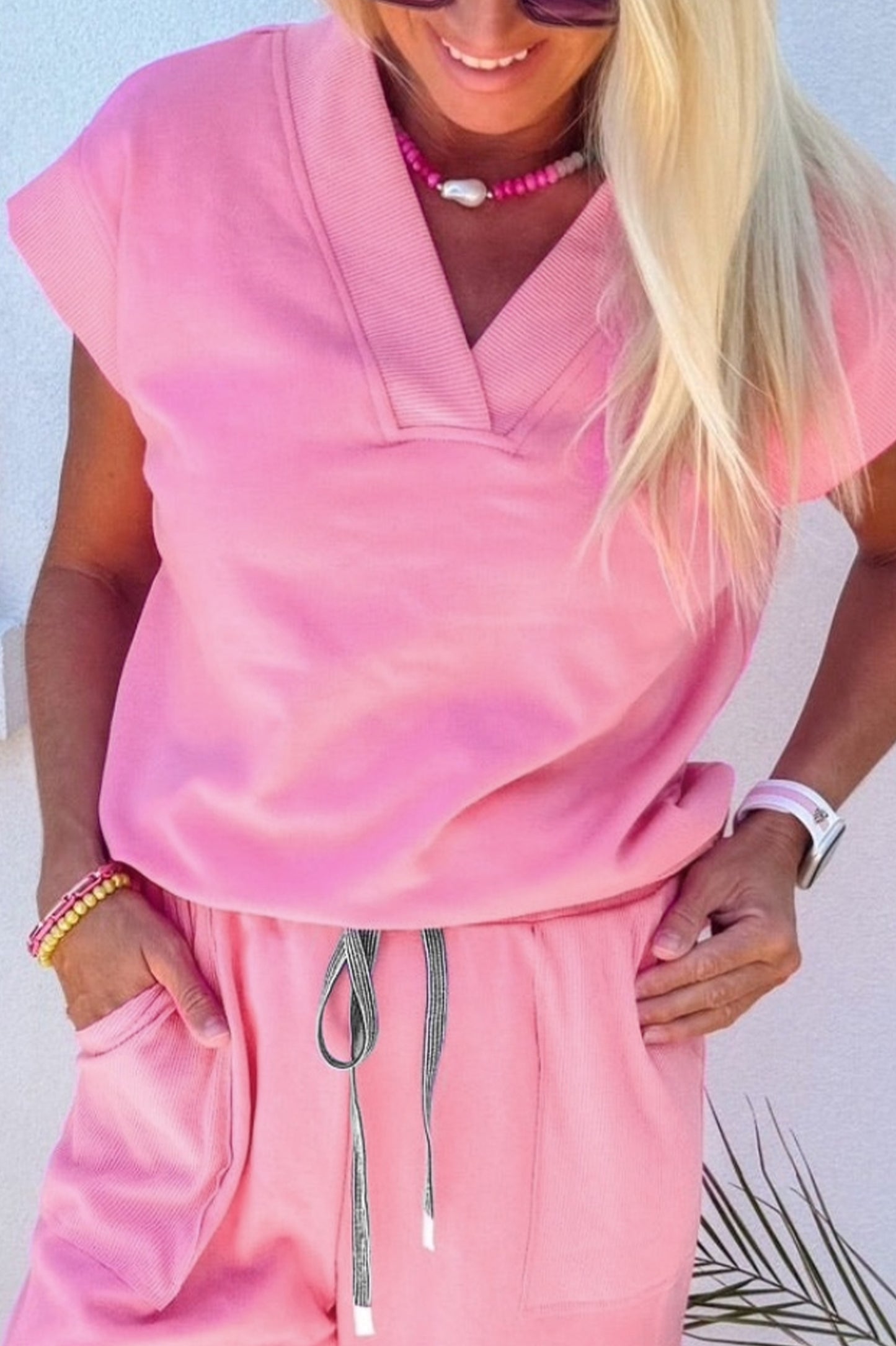 Solid V-Neck Tee and Drawstring Pants Set