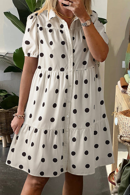 Polka Dot Buttoned Short Sleeve Dress