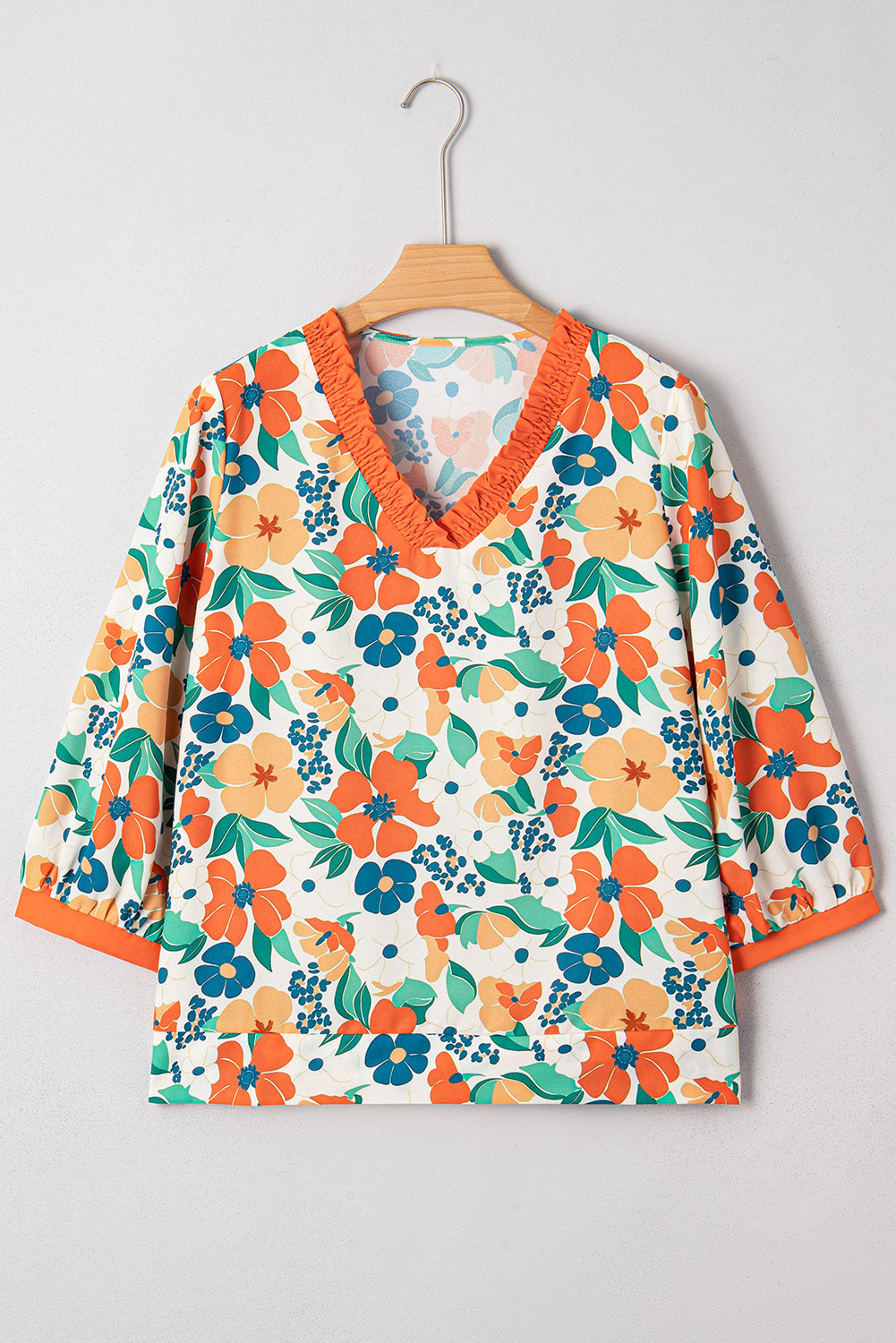 Floral Frilled V-Neck 3/4 Sleeve Blouse