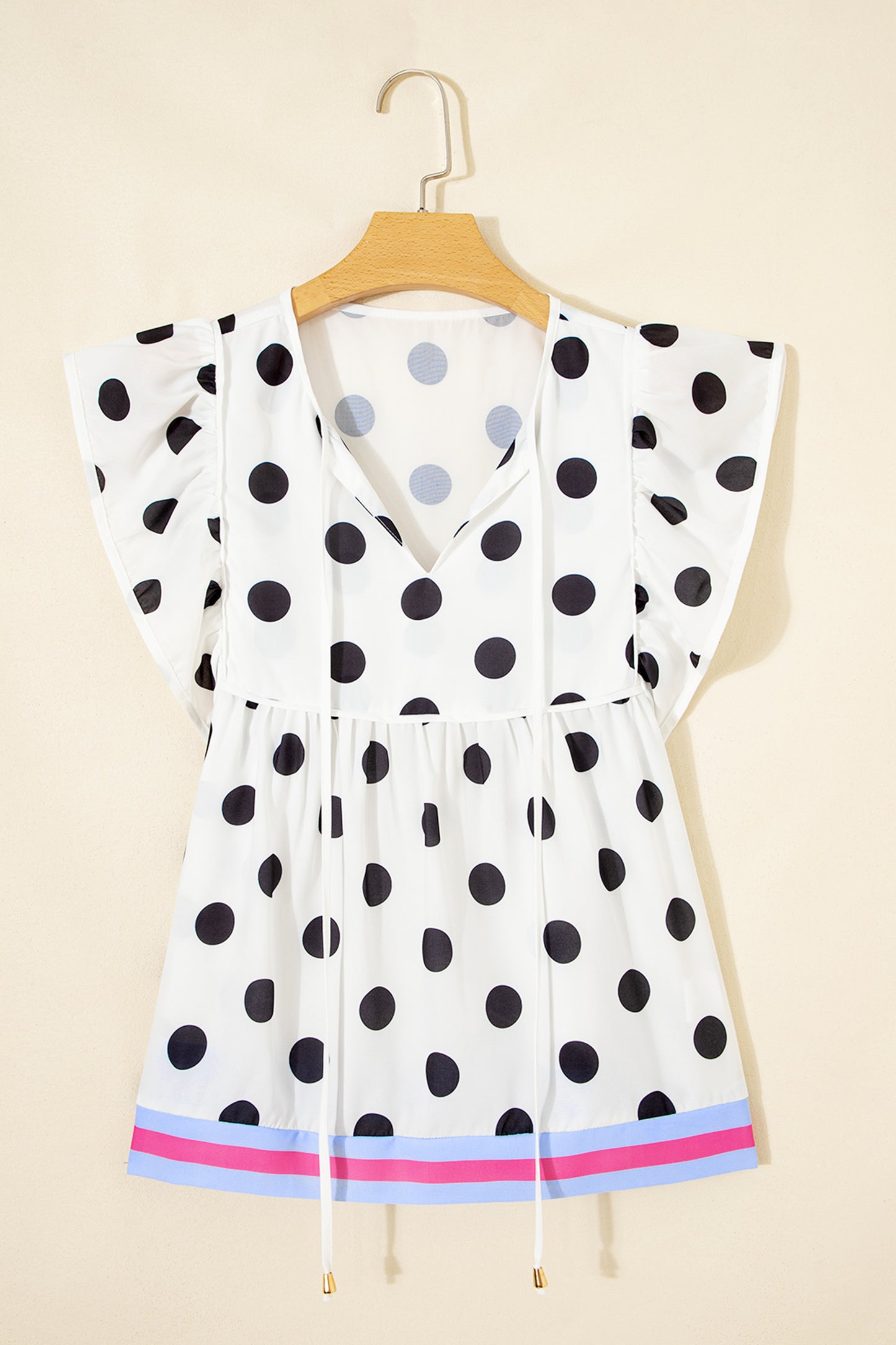 Polka Dot Stripe Patchwork Flutter Sleeve Babydoll Blouse