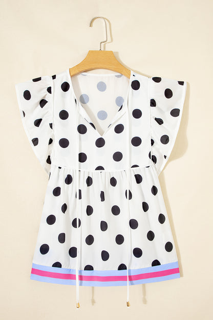 Polka Dot Stripe Patchwork Flutter Sleeve Babydoll Blouse