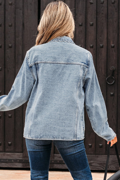 Solid Denim Scallop Collar Patch Pocket Buttoned Jacket