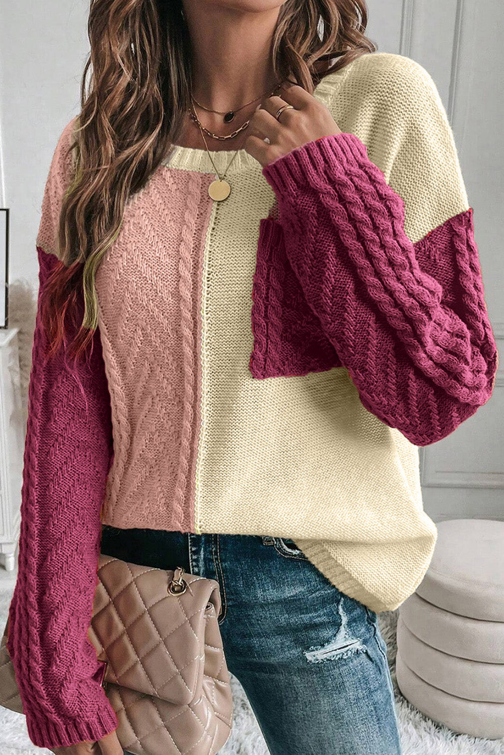 Colorblock Cable Patch Pocket Sweater