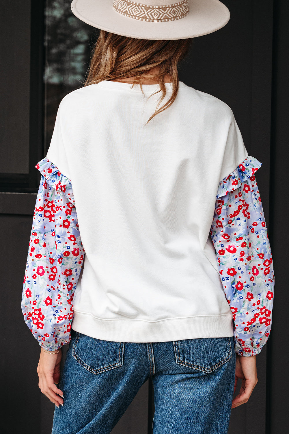Floral Patchwork Ruffle Balloon Sleeve Blouse