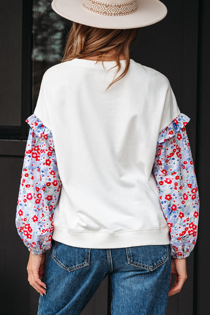 Floral Patchwork Ruffle Balloon Sleeve Blouse