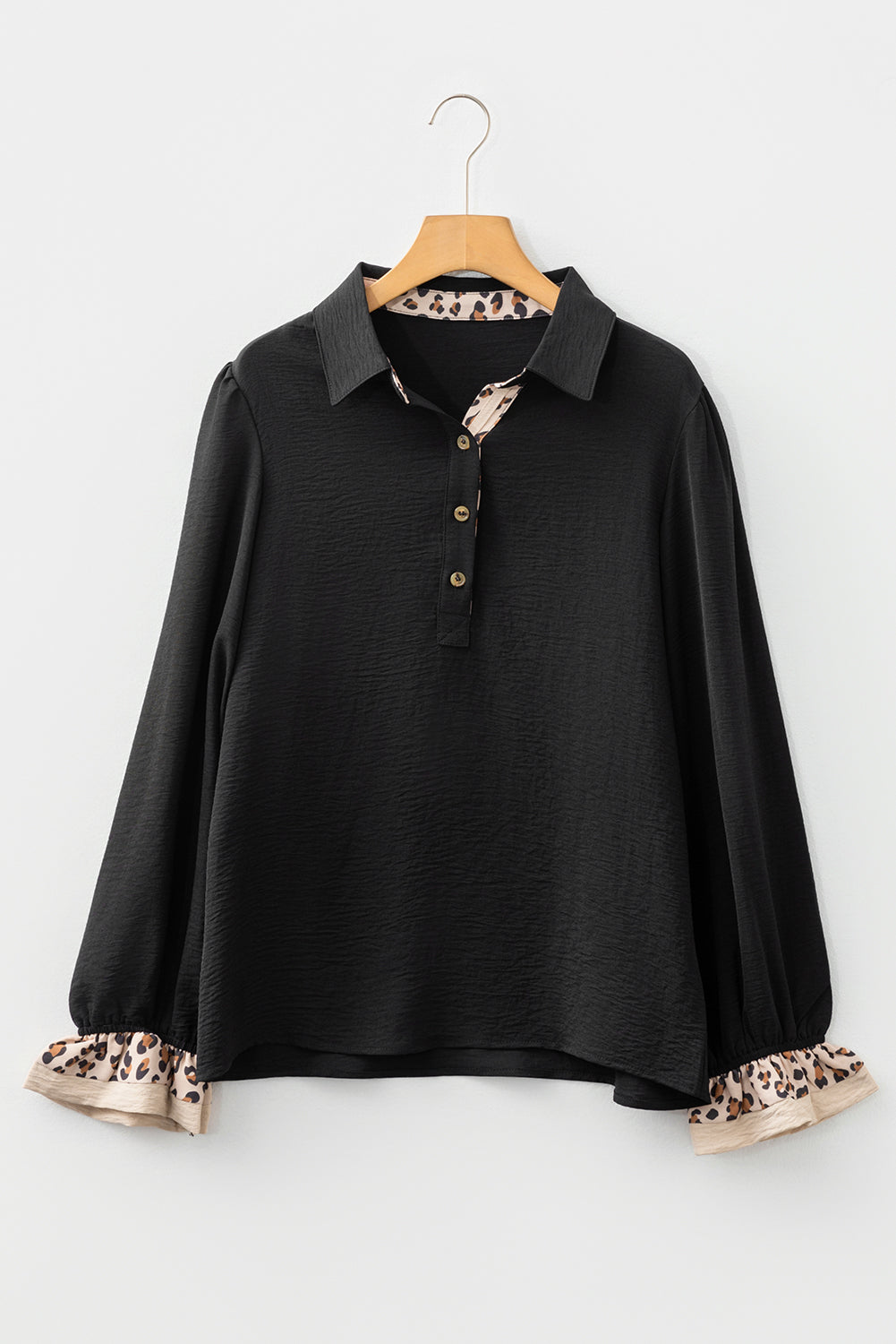 Leopard Patchwork Ruffle Long Sleeve Polo Collar Blouse