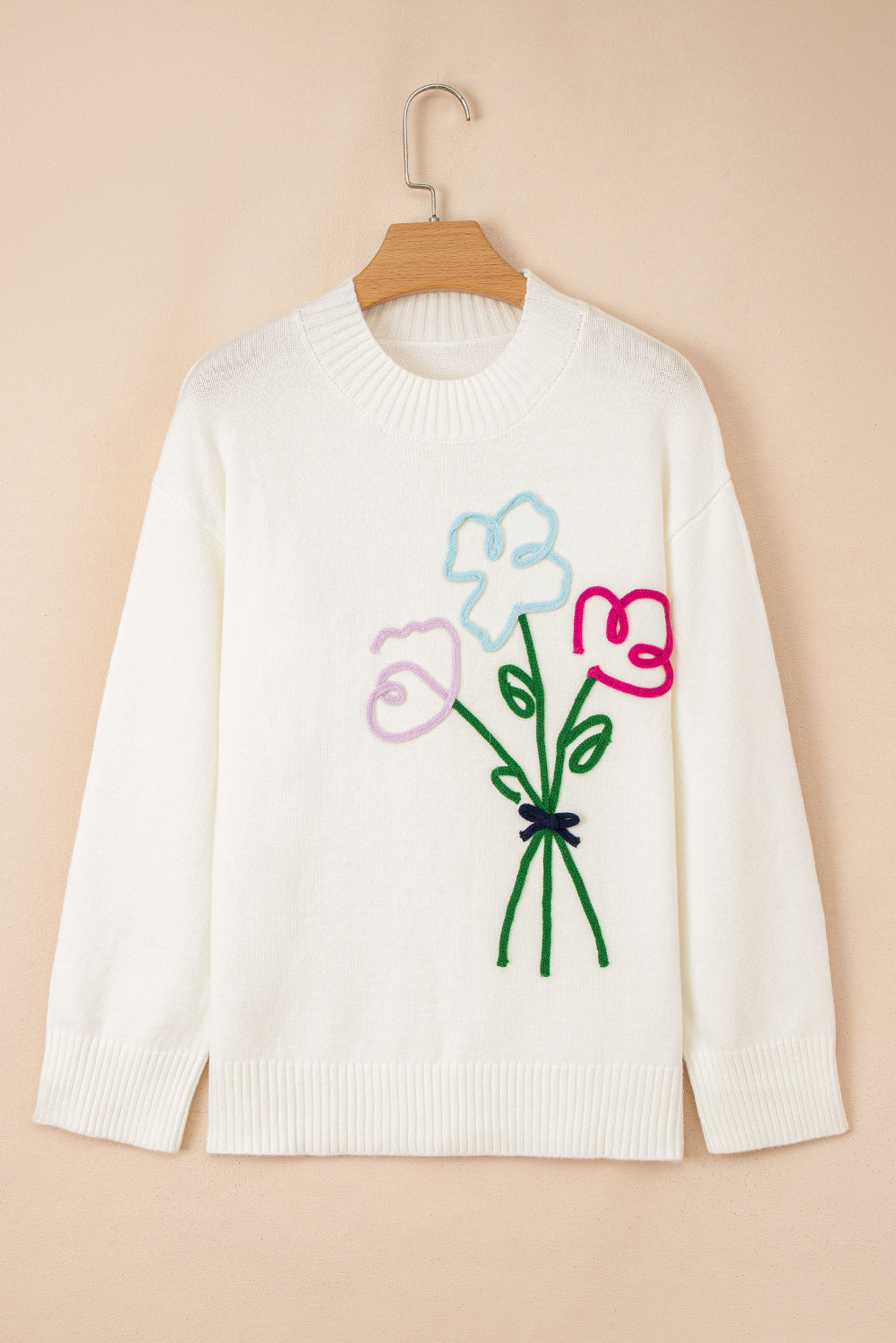 Embroidered Flower Ribbed Loose Sweater