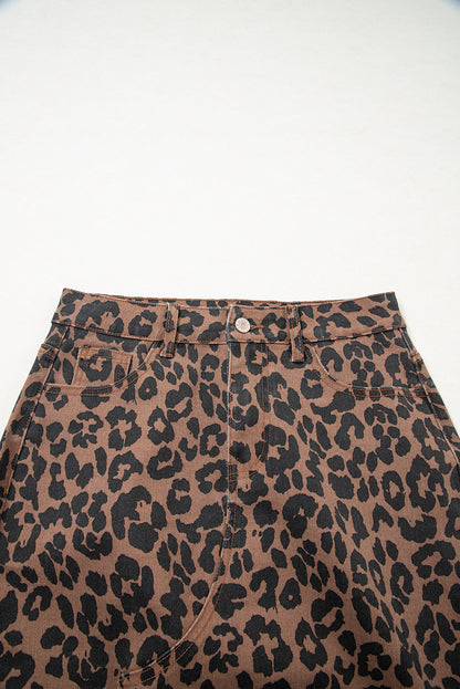 Leopard Denim Frayed Hem Midi Skirt