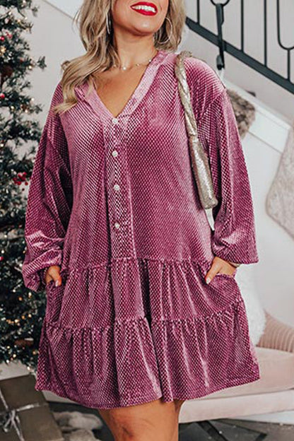 Plus Size Texture Velvet Buttoned Dress