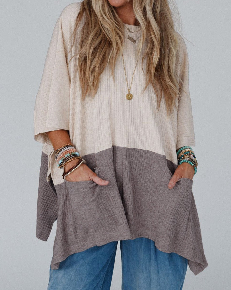 Colorblock Ribbed Knit Pocketed Poncho