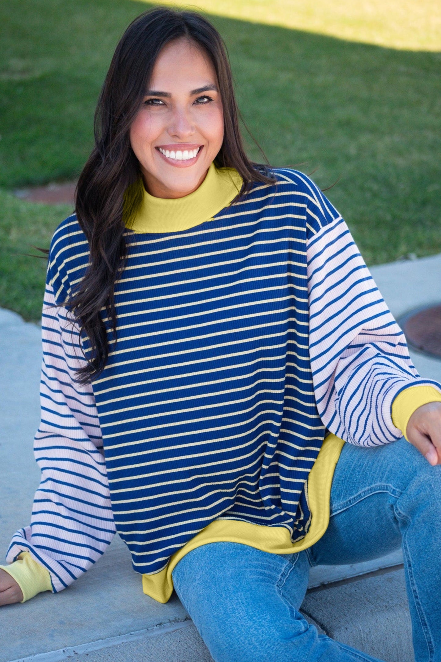Stripe Colorblock Long Sleeve Crewneck Pullover Top
