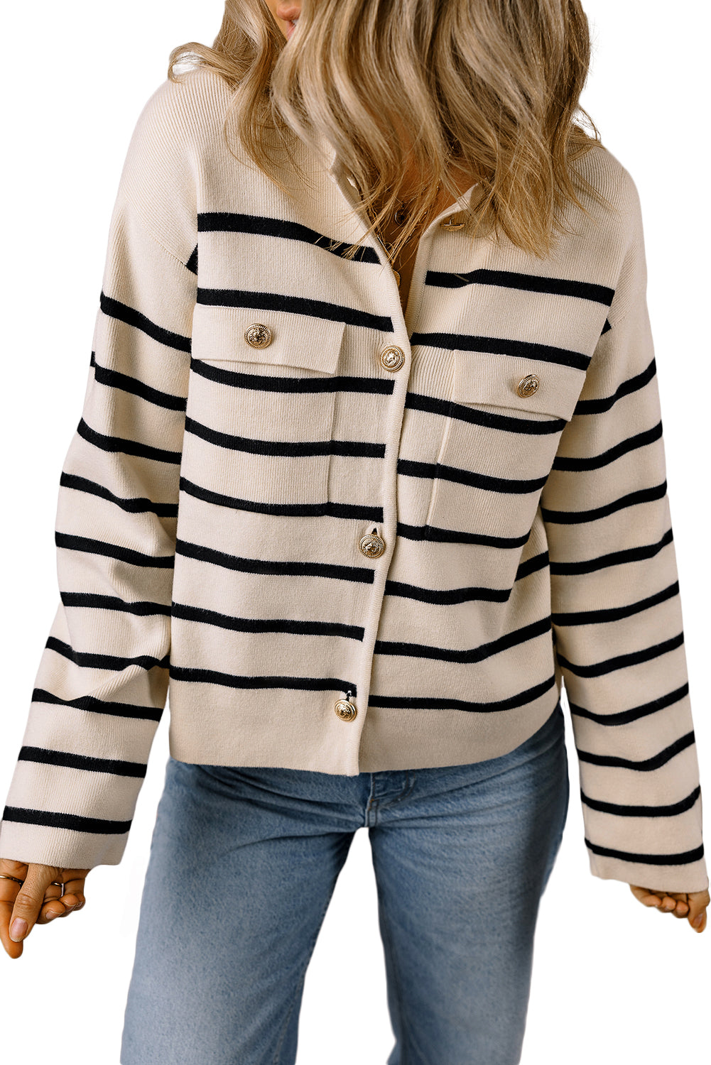 Stripe Flap Pocket Cardigan Sweater