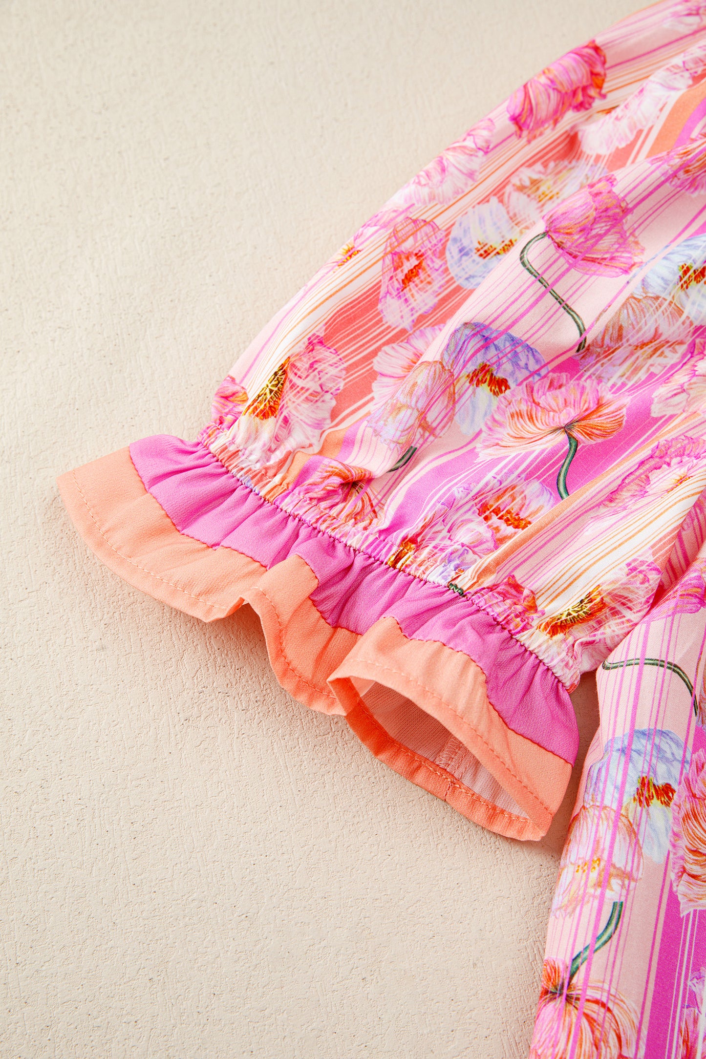Floral Poppy Stripe Colorblock V-Neck Short Sleeve Blouse