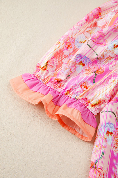 Floral Poppy Stripe Colorblock V-Neck Short Sleeve Blouse