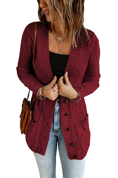 Cable Button Front Pocketed Cardigan